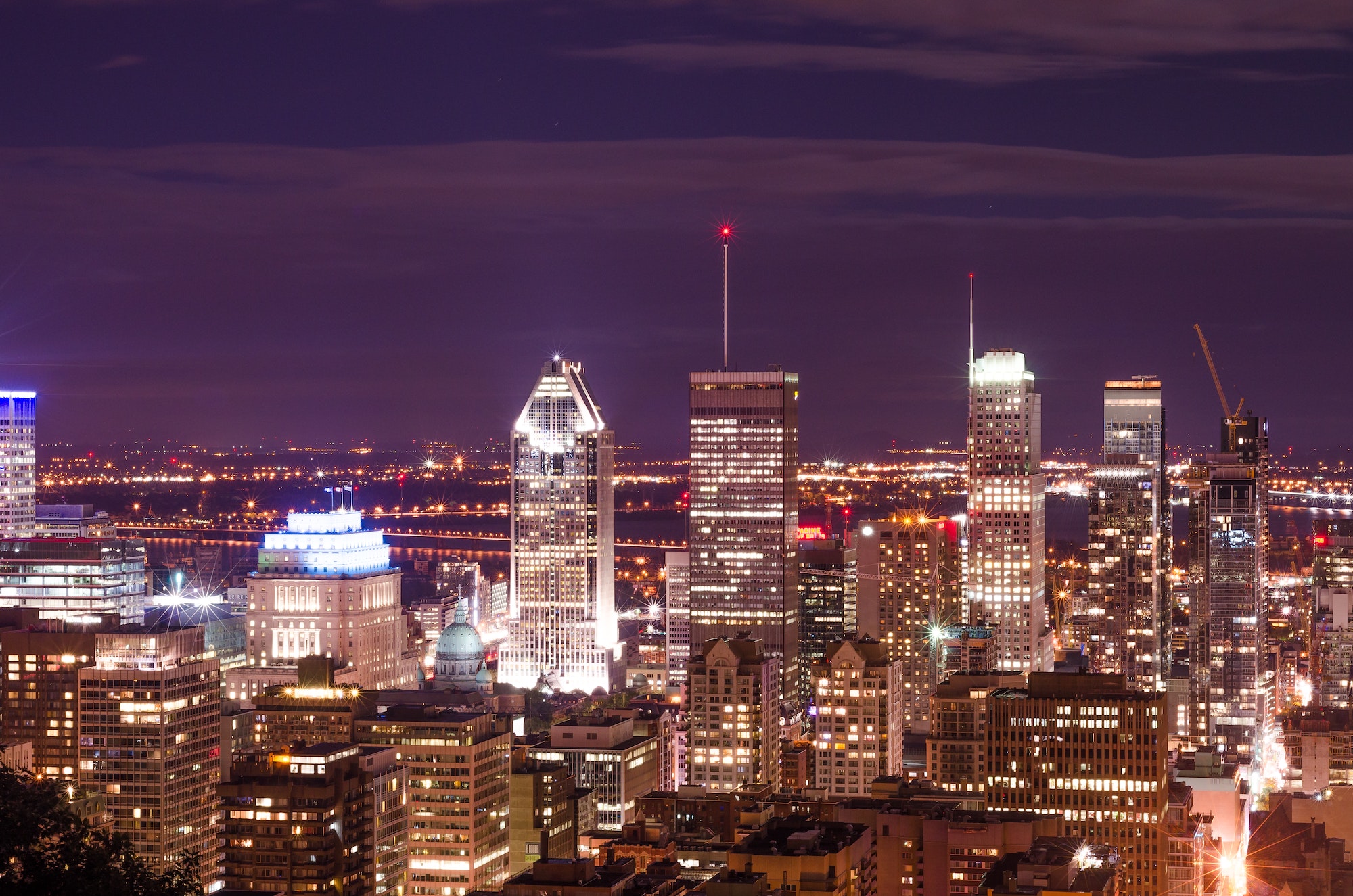 Night view of Montreal downtown from mount Royal